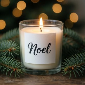 Mshumaa wenye lebo ya 'Noel' na matawi ya mwamba, maridadi.