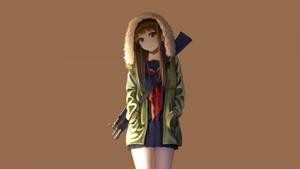 Picha ya ukutani ya msichana wa anime akiwa na hoodie na bunduki — Mrembo wa anime mrembo Picha ya Ukuta