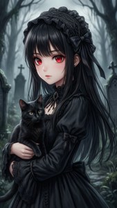 Msichana mrembo wa anime wa gothic akiwa na paka mweusi kwenye makaburi. — Picha nzuri za anime Picha ya Ukuta