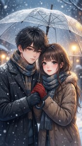 Mchoro wa anime wa mtu na mwenza wakati wa theluji chini ya mwavuli — Mwanandoa wa anime Picha ya Ukuta