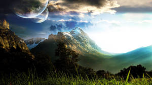 Mazingira ya kufunika ya kufunika ya kufunika na mwezi mkubwa wa kufunika wallpaper.