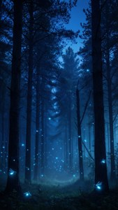 Msitu wa ajabu wa bluu iliyokolea na nyota za kung'aa na misonobari mirefu. — Aesthetic ya bluu iliyokolea Picha ya Ukuta