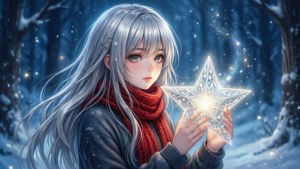 Mwanamke wa anime mwenye mwanga wa fedha na shali nyekundu akishika mwanga unaomwangaza katika msitu wa theluji. — Anime ya krismasi Picha ya Ukuta