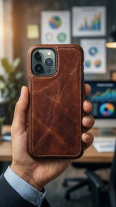 iPhone 11 Pro Max katika kipochi cha ngozi kinachokubwa na mtaalamu wenye mandhari ya ofisi.