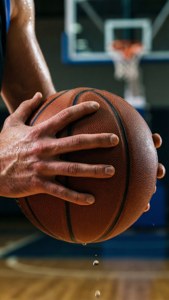 Picha ya karibu ya mabamba ikikumbatia mpira wa basketball na nidhamu kali na jasho. — Mpira wa kikapu Picha ya Ukuta