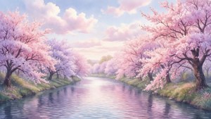Mto wa kupendeza ulio na sakura za rangi ya pasteli, mazingira ya utulivu na nyororo.