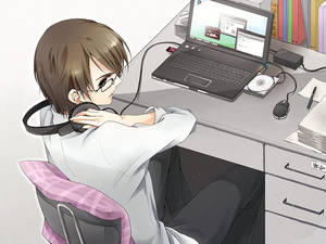 Mtu wa Anime Anayekushikilia Sauti za Kichwa Wakati Anavyofanya Kazi kwenye Laptop