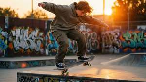 Mwanaskater anayetekeleza kickflip katika mwanga wa jua wa mwisho wa siku na mandhari ya graffiti kwa nyuma.