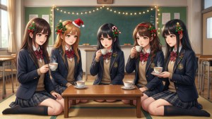 Mwanafunzi wa anime wanawake wanafurahia kotatsu ya Krismasi darasani — Anime ya krismasi Picha ya Ukuta