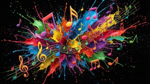 Noti za muziki za rangi na mipukio ya rangi kwenye nyeusi. — Muziki lenzi Picha ya Ukuta