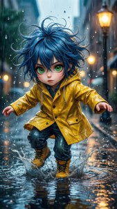 Mtoto wa anime mwenye nywele za buluu akicheza kwa furaha kwenye dimbwi la maji barabarani mwa jiji wakati wa mvua. — Watoto wa anime Picha ya Ukuta