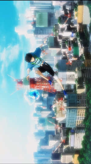 Mvulana Anaruka Mjini Pamoja na Picha ya Bubbles ya Anime — Mji wa anime Picha ya Ukuta