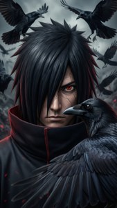 Itachi anasimama na vipuli vya sifa yake katika mazingira ya giza — iPhone 6 Picha ya Ukuta