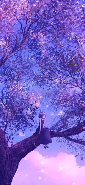 Mwanamke Juu Ya Mti Purple Anime Aesthetic — iPhone 15 Pro Picha ya Ukuta