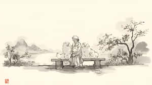 Salamu,Serene,Asia,Background,Minimalist,Illustration,Asili,Asili 4k,Asili Love,Asili Scenery,Zen,Mwanamke,Mbwa,Mbwa Art,Art,Landscape,Painting,Traditional — Asili Picha ya Ukuta