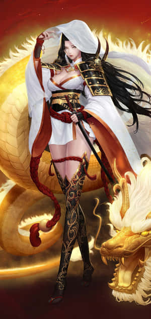 Fantasy Samurai Anime Girl Golden Dragon — Redmi Note Picha ya Ukuta