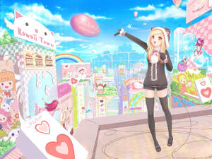 Mwanamke wa Anime Kawaii Uliozunguka na Duka za Kuwa na Sifa — Kawaii Anime Picha ya Ukuta