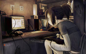 Mwanamke wa Anime Mwenye Kushangaa Mbele ya Laptop