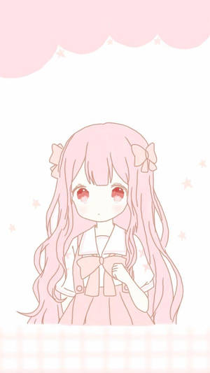Mwanamke wa Anime Mrembo Katika Riboni za Pinki — Kawaii Anime Picha ya Ukuta