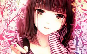 Mwanamke wa Anime Kawaii Akizamkia Kalamu na Doodles — Kawaii Anime Picha ya Ukuta