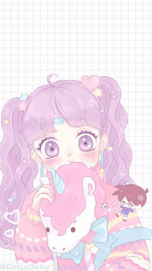 Mwanamke wa Anime Kawaii na Kifurushi cha Unicorn — Kawaii Anime Picha ya Ukuta