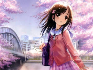 Mwanamke wa Anime Kawaii na Miti ya Sakura — Kawaii Anime Picha ya Ukuta