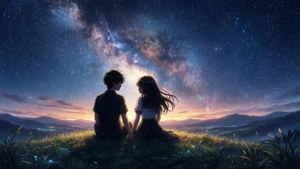 Silhouette ya mchumba wa anime chini ya mwangaza wa mwezi — Mwanandoa wa anime Picha ya Ukuta
