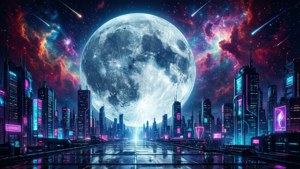 Mwezi unaoangaza juu ya mji wa cyberpunk wenye anga ya galaksi yenye rangi nyororo.