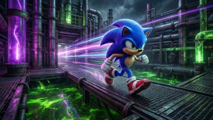 Sonic anazunguka kwenye Mwoneko wa Kemikali ulio na mwanga wa neon, na maji yenye sumu chini. — Sonic Picha ya Ukuta