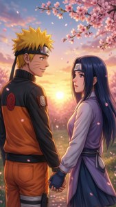 Picha ya kupendeza ya Naruto na Hinata chini ya maua ya cherry.