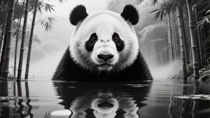 Panda yenye mwonekano mara mbili na uakisi wa msitu, mandhari ya kipekee nyeusi na nyeupe. — Panda Picha ya Ukuta