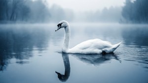 Swan mweupe wa kifahari anaelea kwenye ziwa lenye ukungu, akijumuisha neema na usafi. — Nyeupe aesthetic Picha ya Ukuta