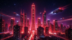 Mwanga wa mji wa cyberpunk wa neon nyekundu usiku na aesthetics za siku za mbele. — Nyekundu ya neon Picha ya Ukuta