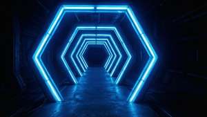 Mwonekano wa mtazamo wa nundu ya hexagonal ya bluu ya neon, ya kisasa na inayong'aa. — Samawati ya neon Picha ya Ukuta