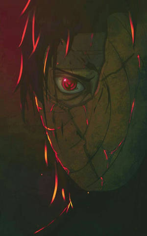 Masked Obito na macho yake tu inaweka chini ya mwanga mwekundu wallpaper. — Galaxy Tab S9 Ultra Picha ya Ukuta