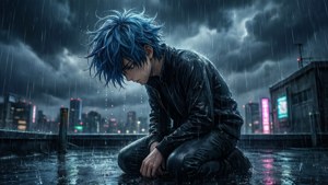 Mvulana wa anime mwenye huzuni anapiga magoti juu ya paa la jengo kwenye mvua, kichwa chake kimeinama, katikati ya mji wenye dhoruba. — Anime ya kusikitisha Picha ya Ukuta