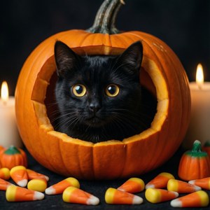 Paka mweusi mrembo akichungulia kutoka ndani ya boga la jack-o-lantern akiwa na pipi za mahindi. — Pipi Halloween Picha ya Ukuta
