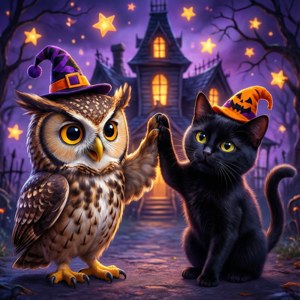 Bundi na paka wa kupendeza wakipiga makofi wakiwa na kofia za Halloween karibu na nyumba ya kushtua. — Pipi Halloween Picha ya Ukuta