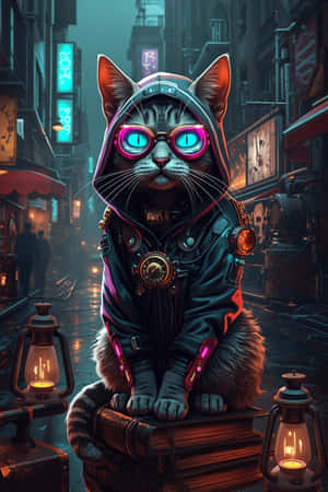 hoodie,teknolojia,sanaa,ya siku zijazo,kitoto cha paka,steampunk,neon,miwani,paka,cyberpunk