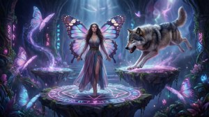 Wolf anavyo na Lady Butterfly katika uwanja wa ajabu uliojaa kudanganywa.