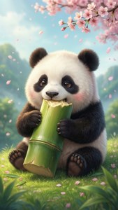 Panda mrembo wa kawaii akifurahia mianzi wakati wa majira ya kuchipua. — Kawaii Picha ya Ukuta