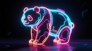 Panda inayomwangaza neon kwenye mwenyekiti wa giza, wallpaper ya cyberpunk na ya siku za mbele. — Panda Picha ya Ukuta