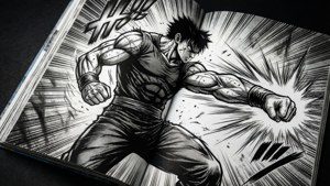 Paneli ya manga yenye rangi nyeusi na nyeusi yenye hatua kali.