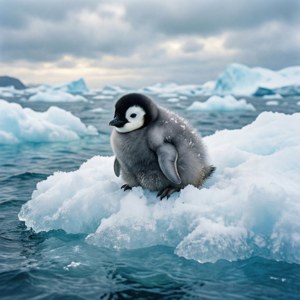 Kifaranga cha pengwini mrembo kimeketi peke yake kwenye barafu kwenye maji ya baridi kali.