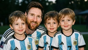 Messi akiwa na wanawe wamevalia jezi za Argentina.