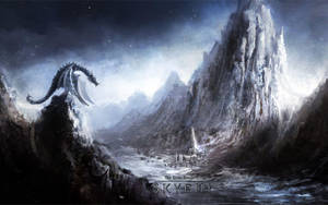 Picha ya mandhari ya dragon kutoka The Elder Scroll V: Skyrim.