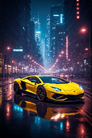Lamborghini,neon yellow,city lights,night,futuristic,urban,wet streets,reflections,glowing,4K,portrait wallpaper,