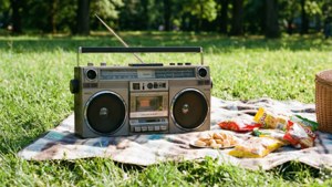 Boombox ya kale ikifurahia siku ya jua kwenye pichniki ya bustani. — Muziki lenzi Picha ya Ukuta