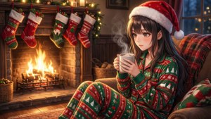 Mabinti wawili wa anime waliovaa pijama wakati wa kusoma kakao mbele ya mwanga. — Anime ya krismasi Picha ya Ukuta