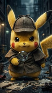 Pikachu kama mpelelezi akichunguza kesi katika mazingira ya noir. — Pikachu Picha ya Ukuta